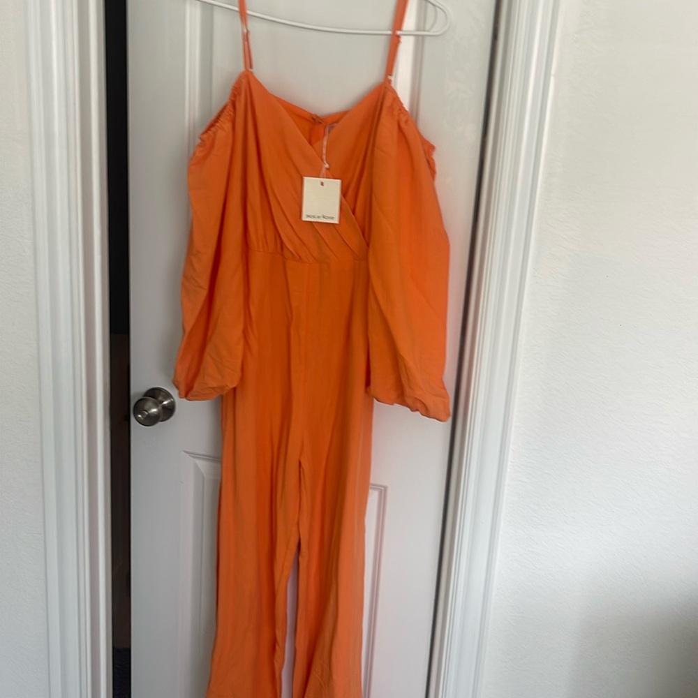 Orange summer jumpsuit, off the shoulder